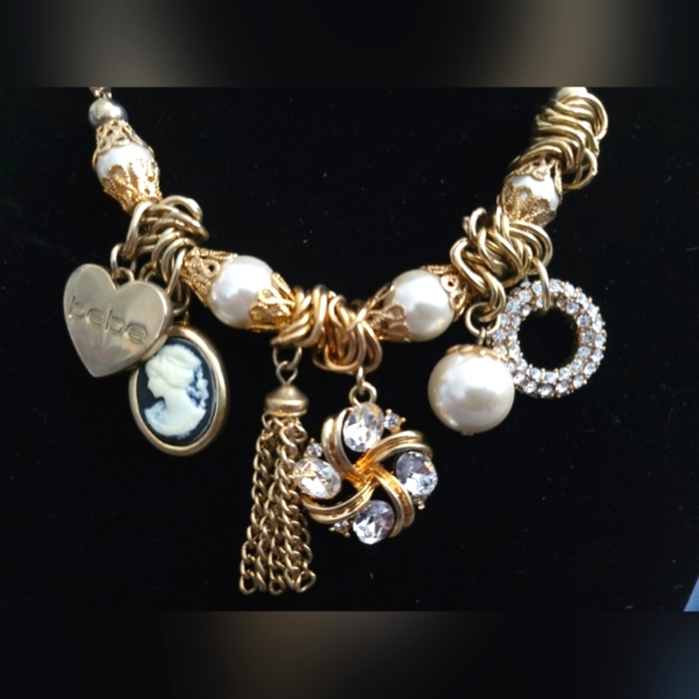 Bebe | EUC Gorgeous Gold Tone Faux Pearl Bling Charms Statement Necklace - Picture 8 of 8